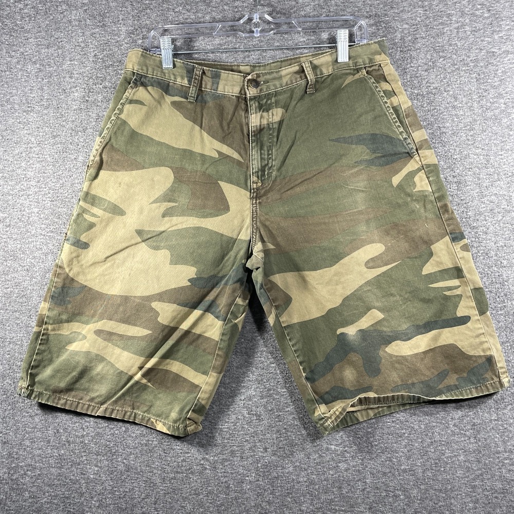Dickies Shorts Mens 32 Green Khaki Camouflage Grunge Thrashed Faded